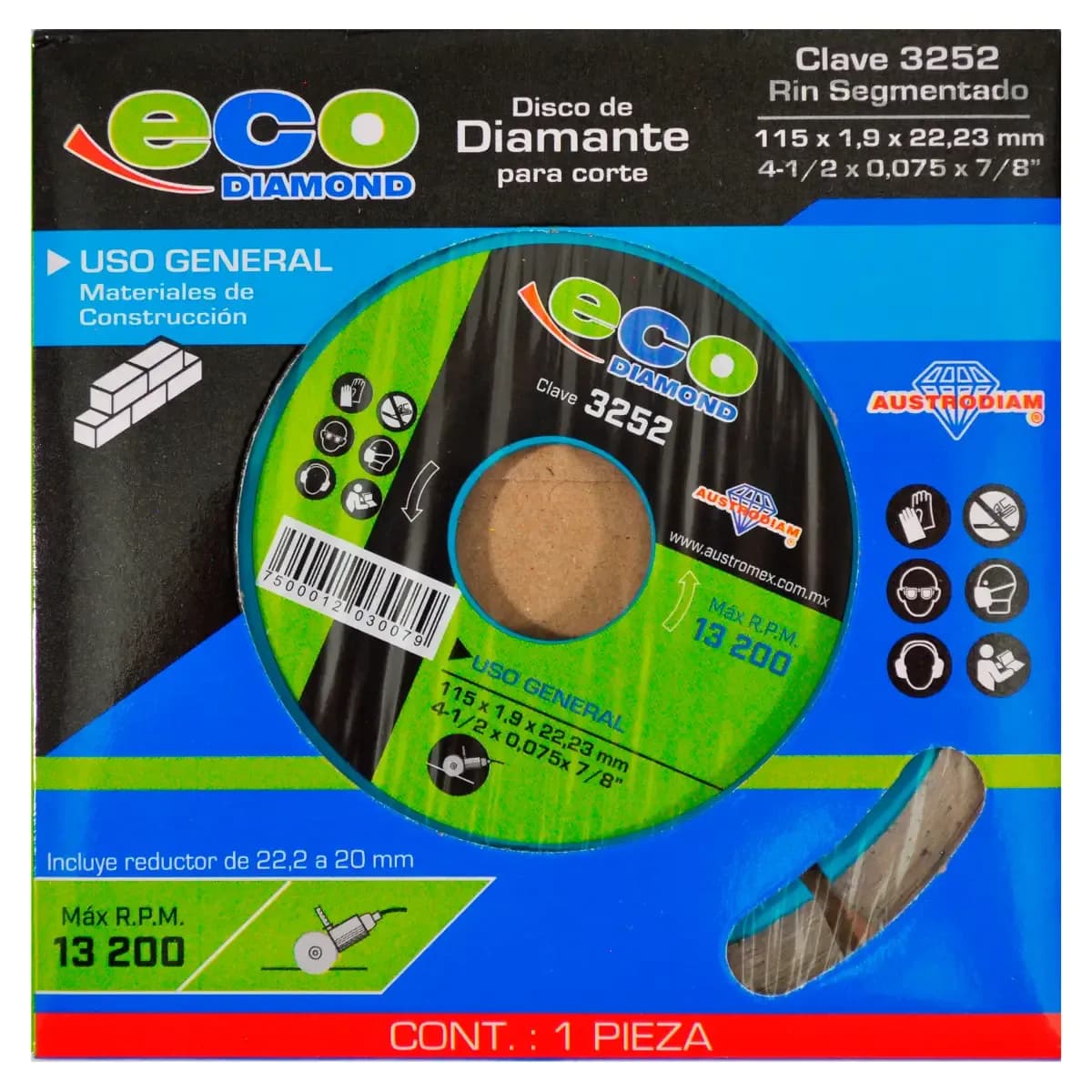Disco de diamante de 4 1/2 para corte de materiales de construcción en general: concreto, mármol, granito o cantera